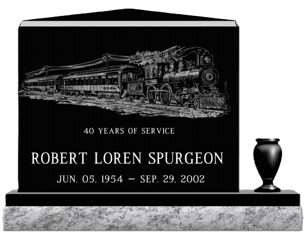 custom train engraved monument with vase